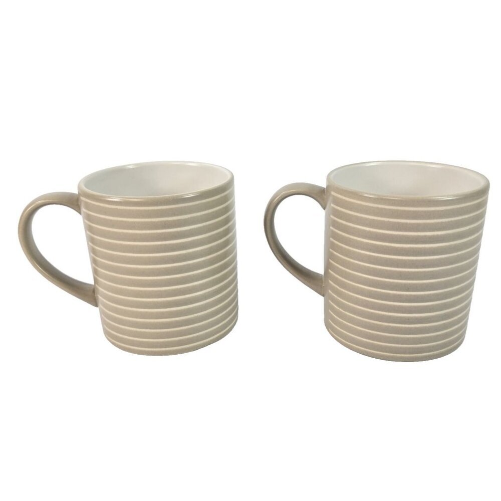 Denby Striped Sand Coffee Mugs Lot of 2 Ribbed Taupe Stoneware Discontinued